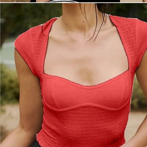 FP Movement by Free People Strike A Pose Orange Smocked Crop Tee Size Medium - Picture 6 of 10